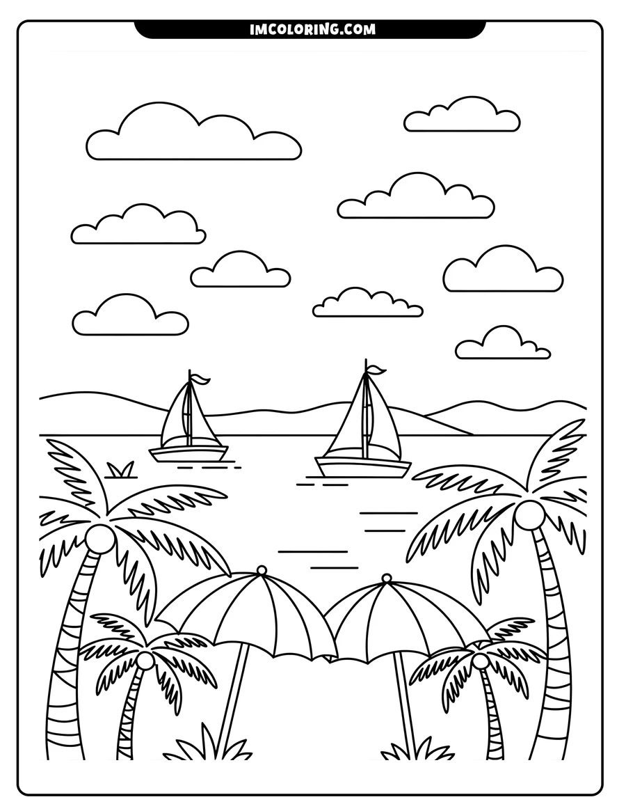 Outline of a peaceful beach scene with two sailboats, palm trees, beach umbrellas, and fluffy clouds.