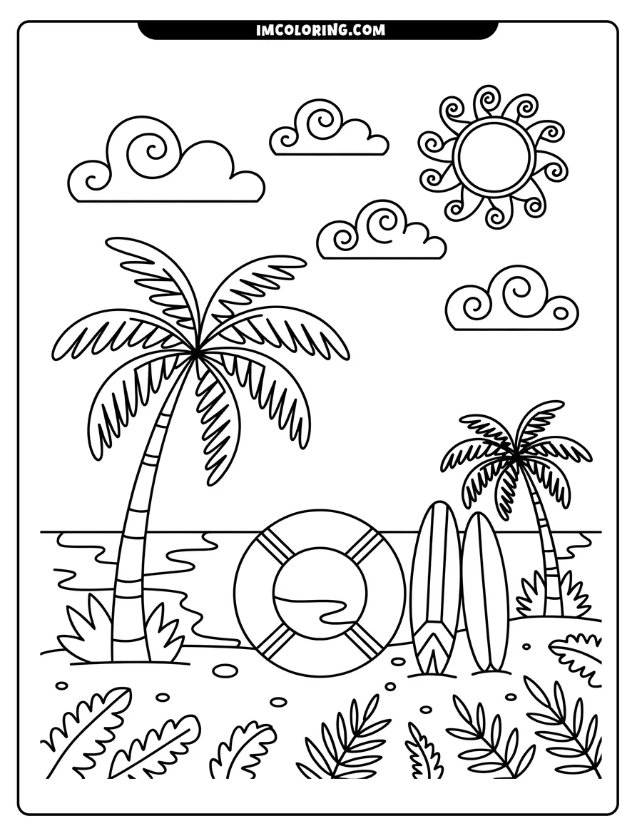 Line art of a beach scene with two surfboards, a life preserver, palm trees, and tropical foliage. The ocean is visible in the background, with a stylized sun and clouds overhead.