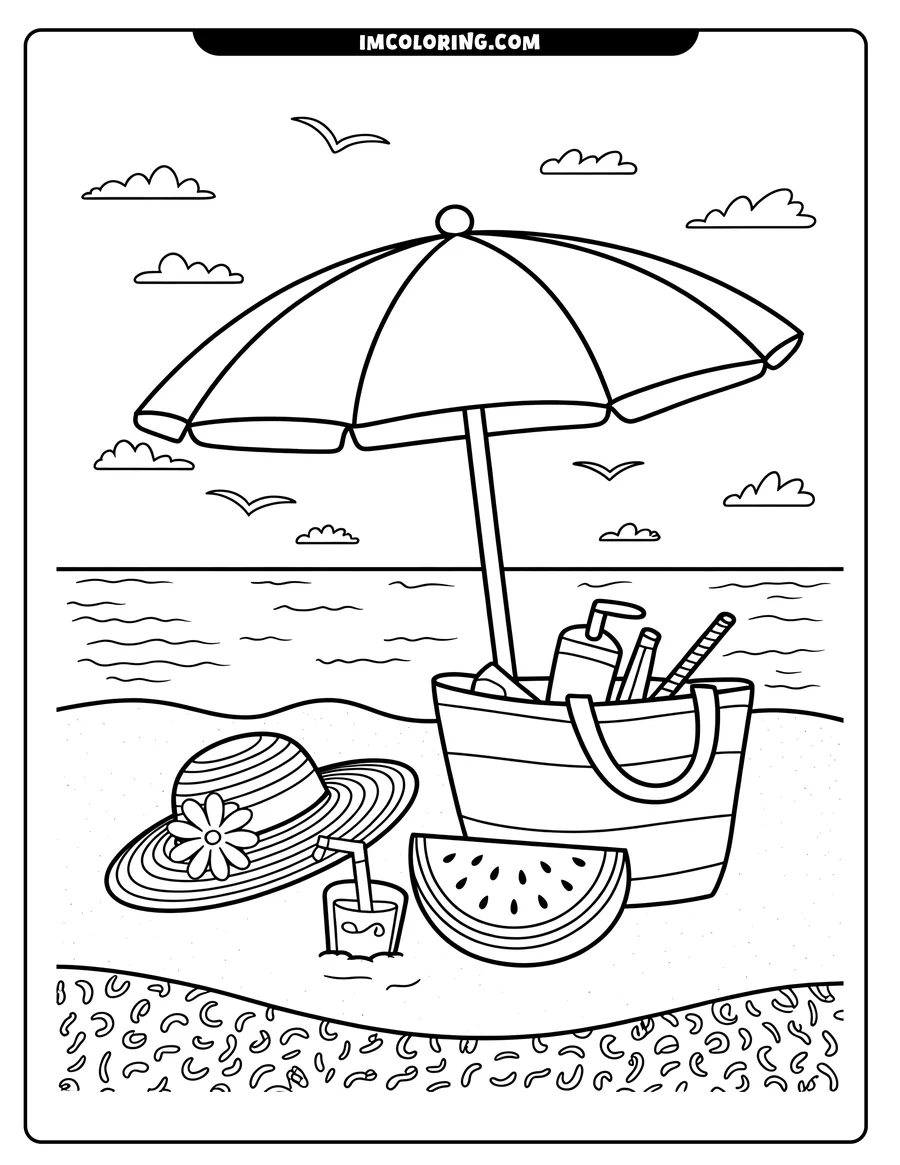 Line drawing of a beach scene with an umbrella, beach bag, sun hat, watermelon slice, and a drink on the sandy shore, set against a backdrop of the ocean, clouds, and seagulls.
