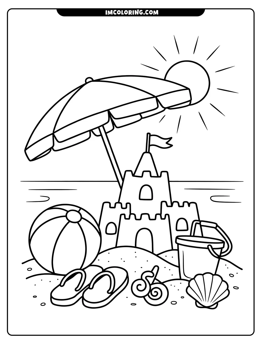 Line art of a beach scene featuring a sandcastle with a flag, a beach umbrella, flip-flops, seashells, a pail, and a beach ball. All set against a backdrop of the sun and the sea.