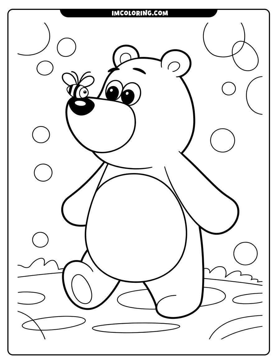 Outline of a cartoon bear looking at a bee near its nose, surrounded by floating bubbles.