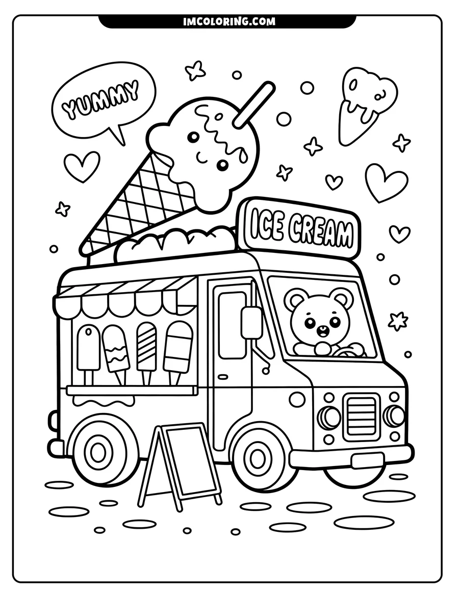 Line drawing of a bear driving an ice cream truck with popsicles displayed and an ice cream cone on top. A blank signboard is beside the truck, and decorative hearts and stars add to the scene.