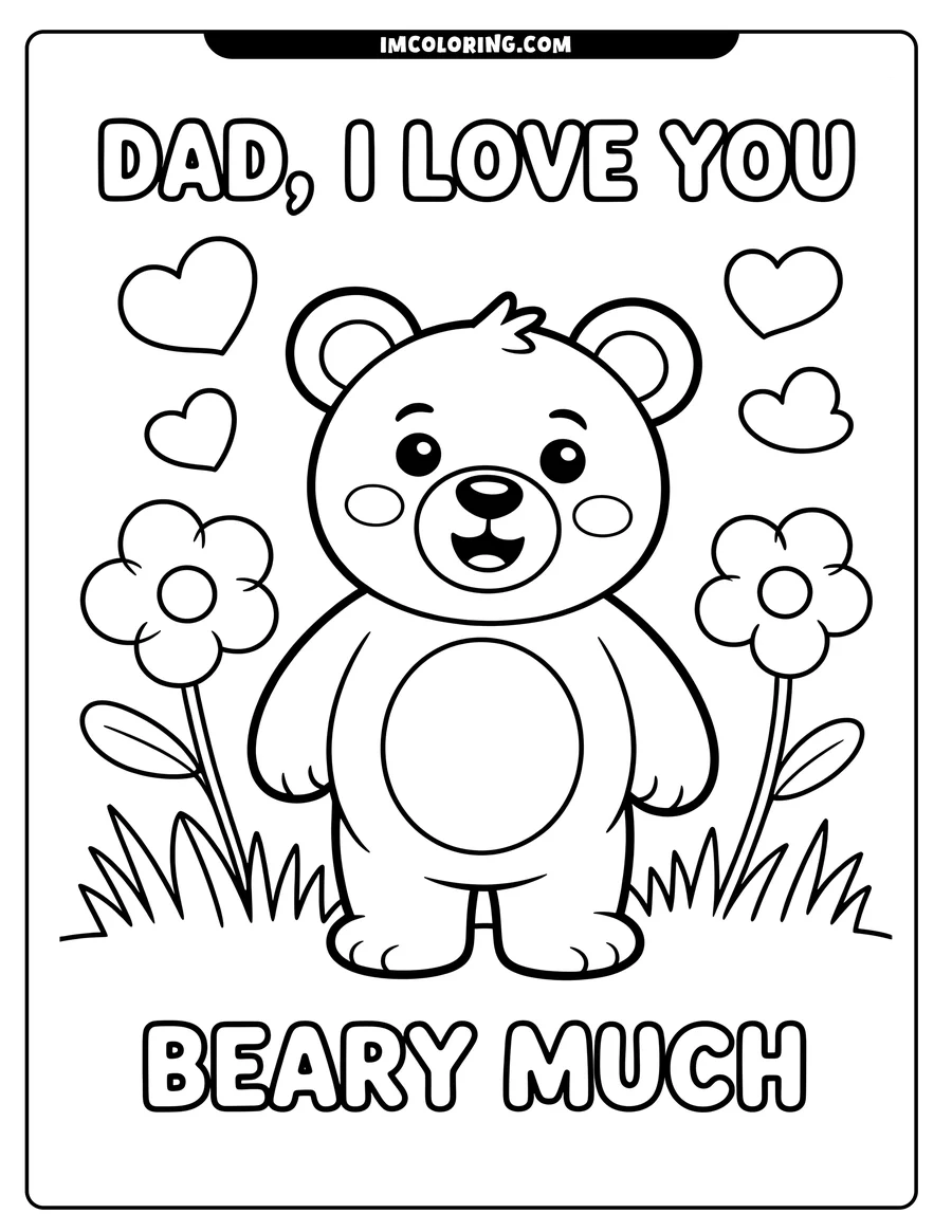 Line art of a smiling cartoon bear surrounded by flowers and hearts, with a