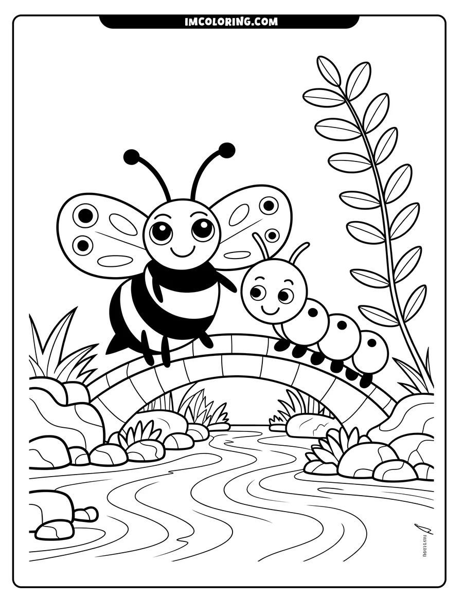 Line art of a bee and a caterpillar standing on a bridge over a stream. Rocks and plants border the water.