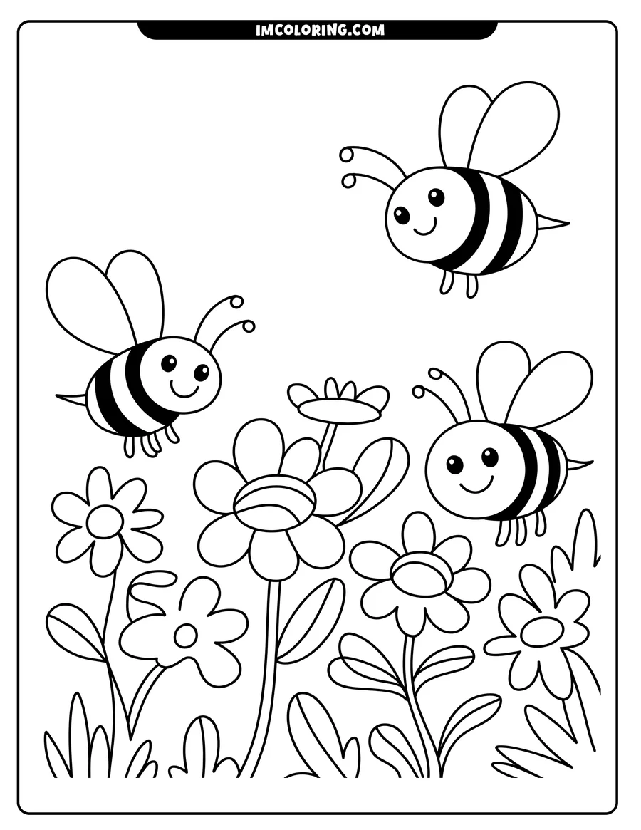 Outline of three bees flying around flowers with large rounded petals and simple leaves. Blades of grass are visible at the base of the flower stems.
