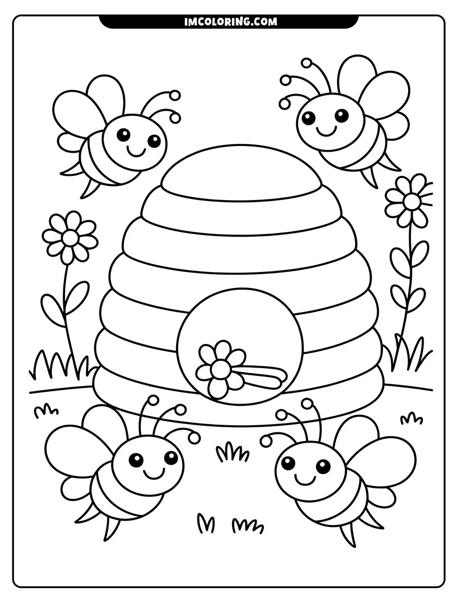 Line art of four bees flying around a beehive near two small flowers.