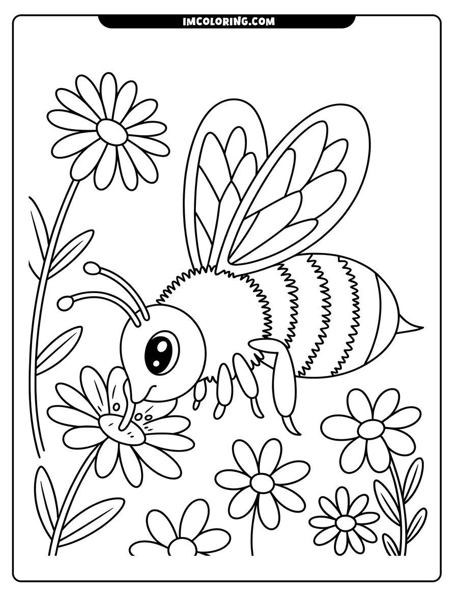 Outline of a bee with large eyes perched on a daisy, gathering pollen, surrounded by other daisies and leaves.