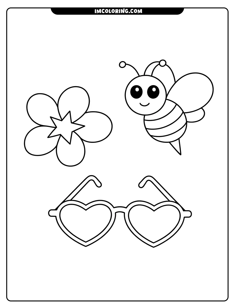 Line art of a bee and heart-shaped sunglasses.