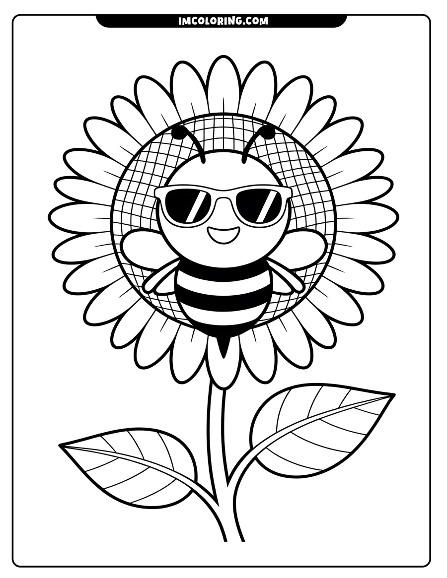 Outline of a cheerful bee wearing sunglasses, sitting on a large sunflower with two prominent leaves.