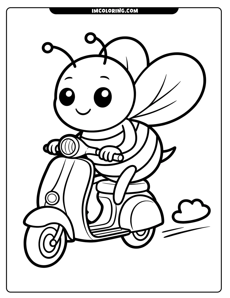 Line art of a bee happily riding a scooter, with a small cloud indicating movement.