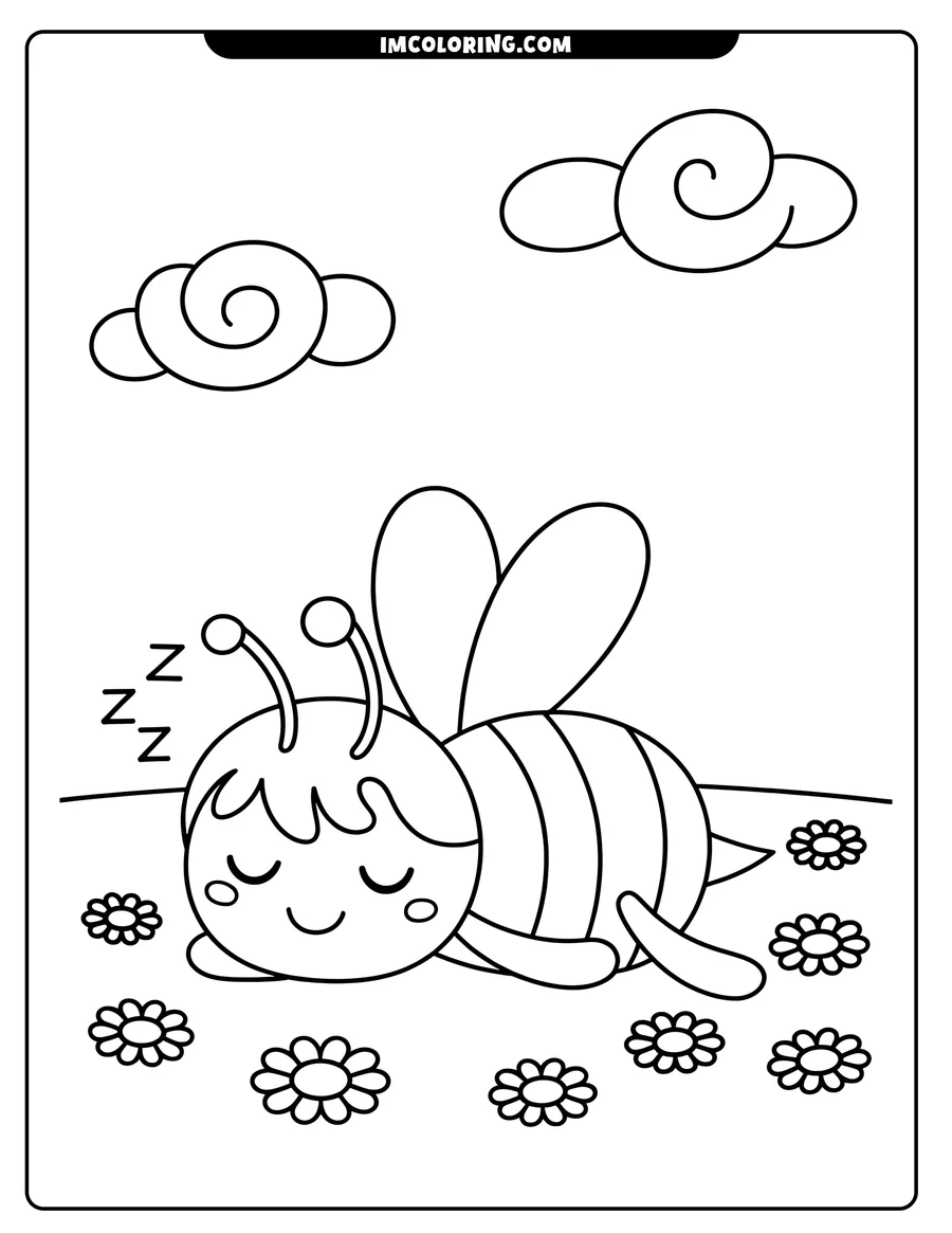 Outline of a cute bee sleeping peacefully near some flowers, with two clouds overhead.