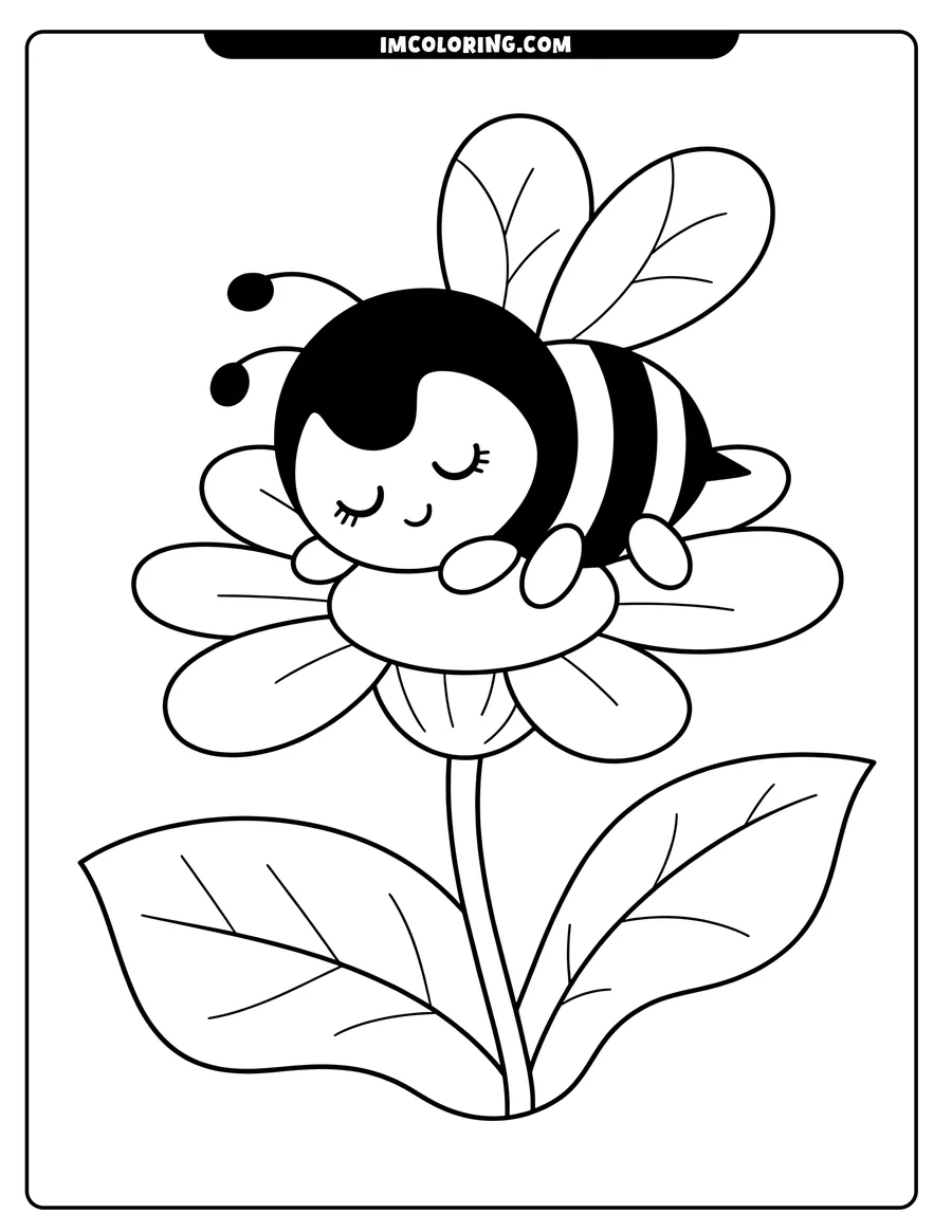 Line drawing of a bee sleeping peacefully on a flower. The bee's eyes are closed, and it rests atop the flower's center.