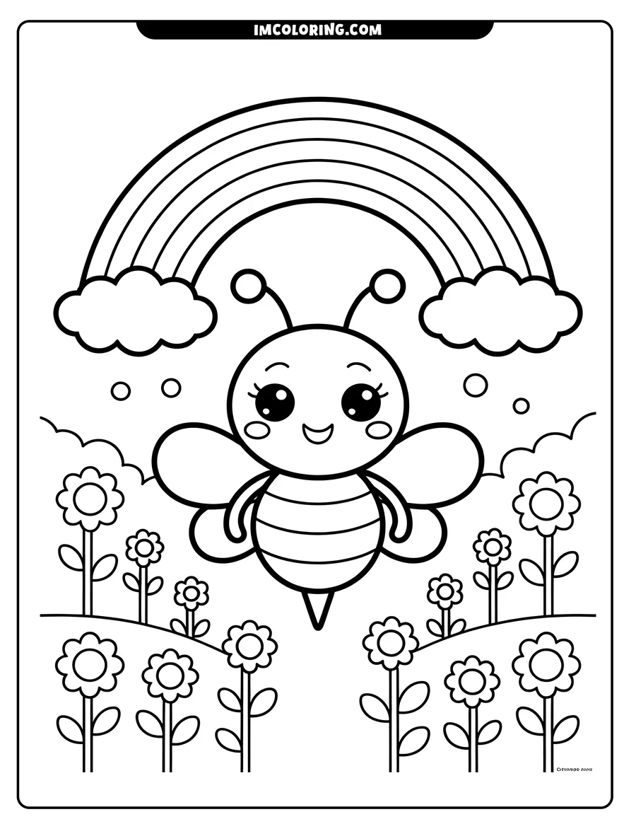Outline of a smiling bee flying beneath a rainbow, with flowers growing on the hills below.