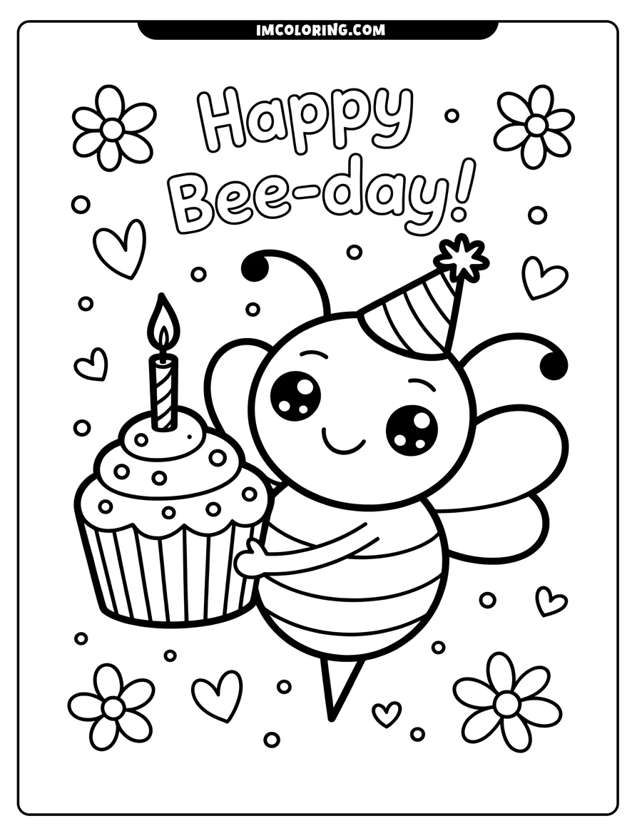 Outline drawing of a bee holding a cupcake with a lit candle and wearing a party hat, surrounded by flowers, hearts, and circles.