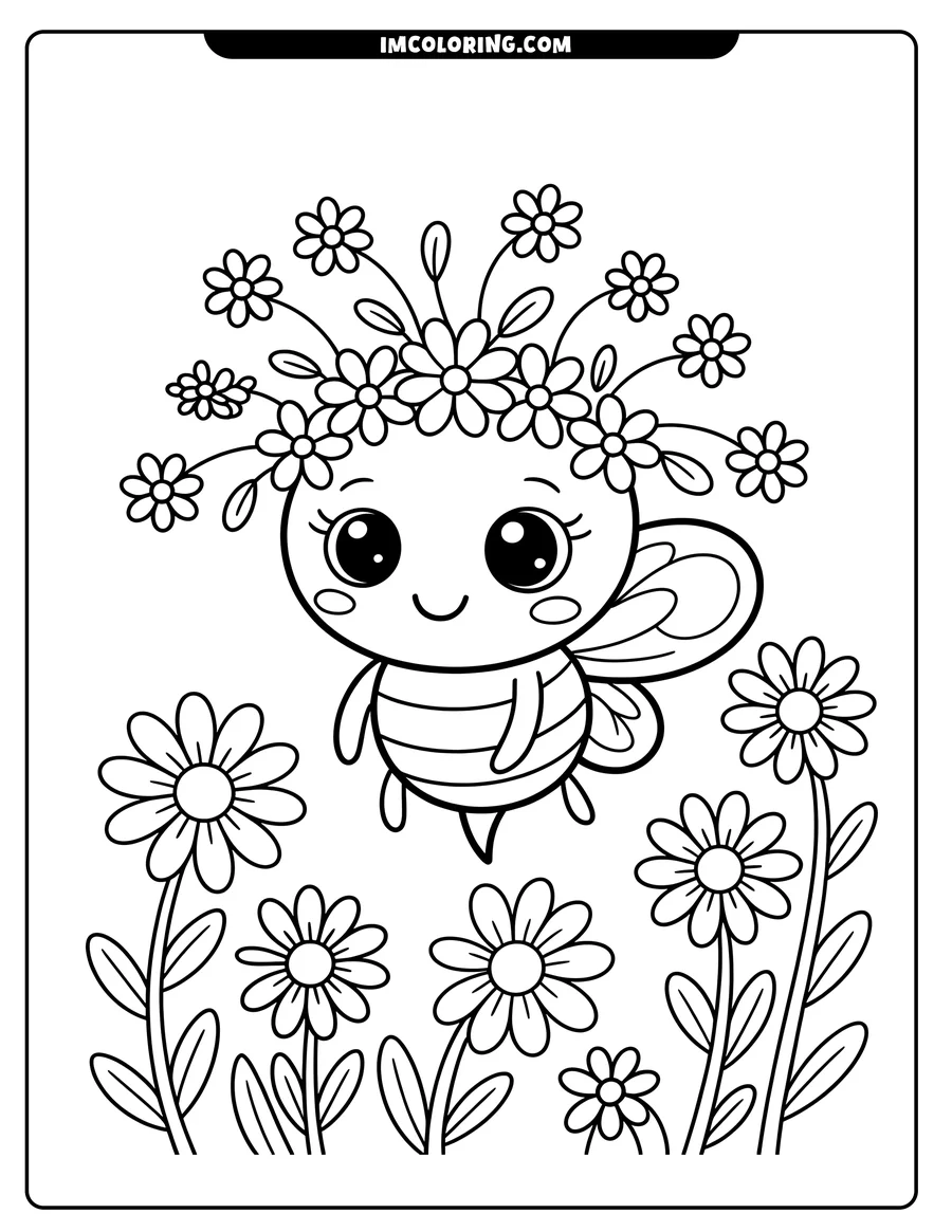 Outline of a kawaii bee wearing a crown of flowers, hovering over a field of daisies.