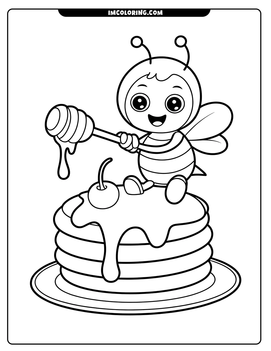 Outline of a happy cartoon bee with a honey dipper, sitting on a stack of pancakes with a cherry on top