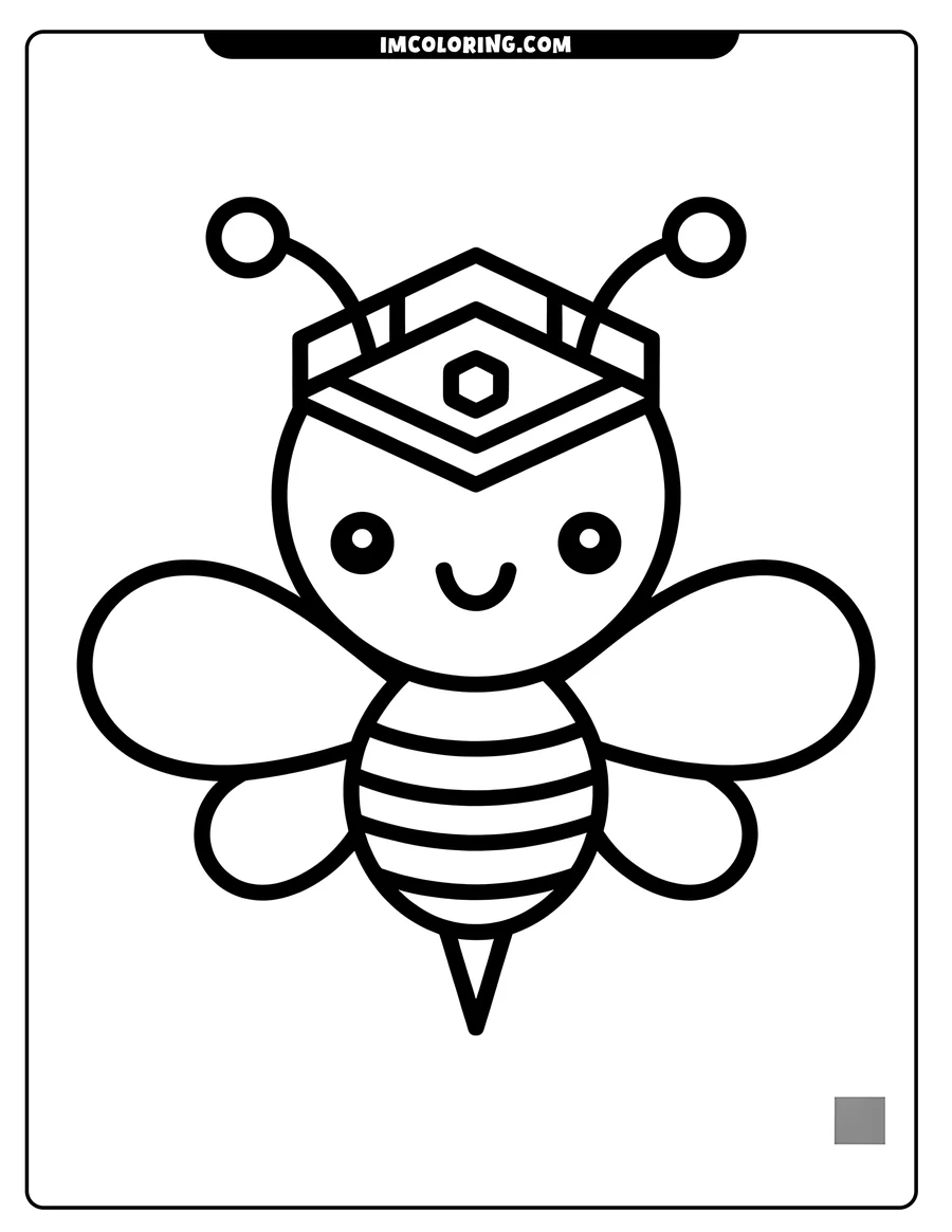 Outline of a cheerful bee wearing a honeycomb hat. The bee has rounded wings and a simple, friendly face.