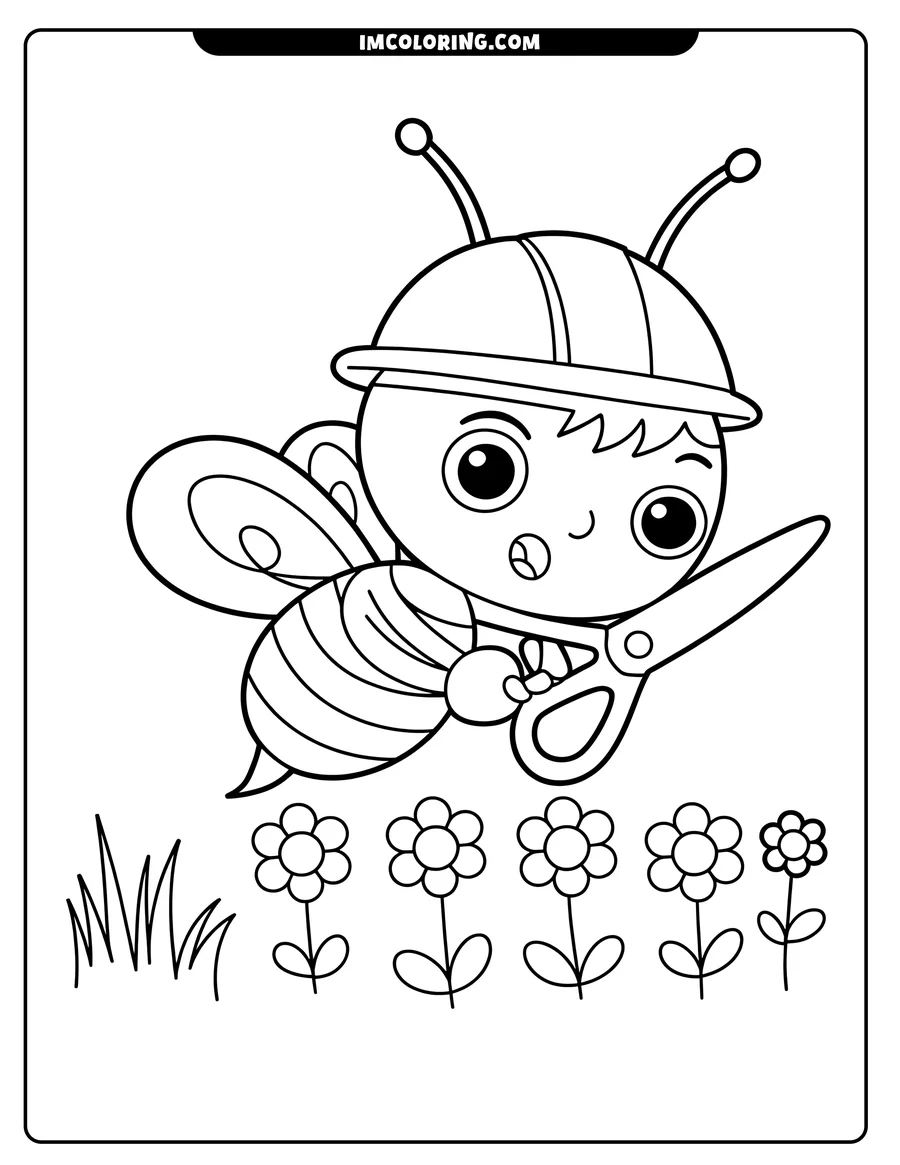 Outline of a cartoon bee holding scissors, flying above a patch of simple flowers and grass.