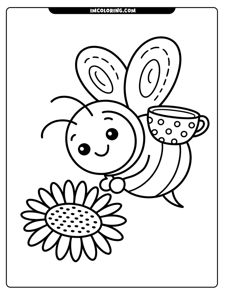 Outline of a cheerful bee holding a polka-dotted teacup and hovering near a large flower with many petals and a dotted center.