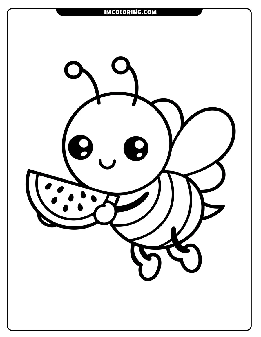Outline of a happy bee holding a slice of watermelon. Perfect for summer or insect-themed coloring fun!