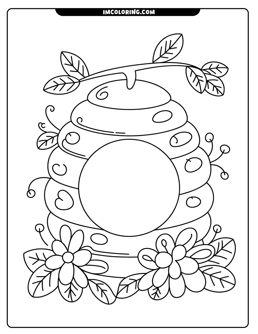Line art of a beehive with a circular opening, decorated with leaves, swirls, and flanked by two flowers.