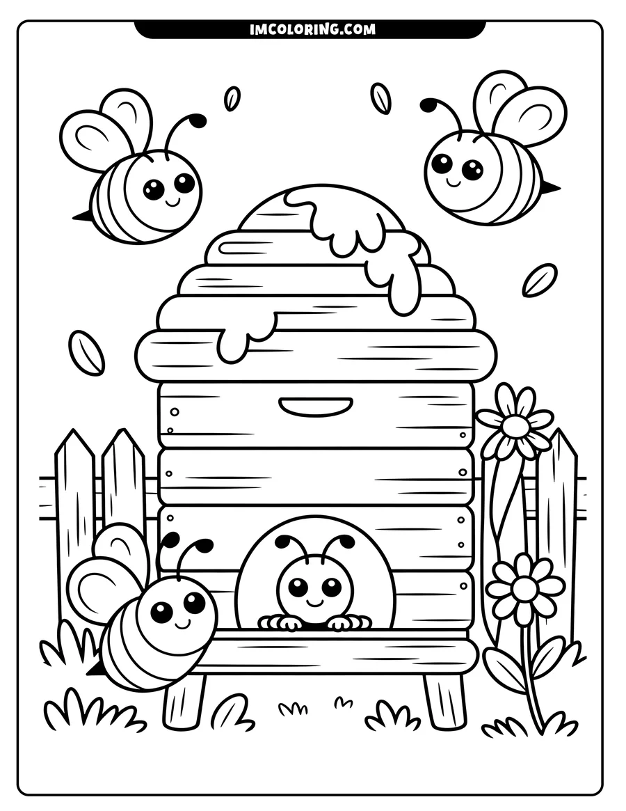 Line art of three bees around a beehive with honey dripping from it. Daisies and a fence are in the background.