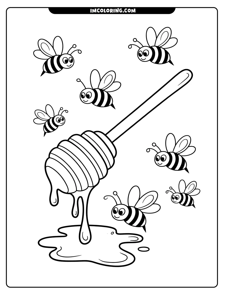 Line art of bees and a honey dipper with dripping honey.