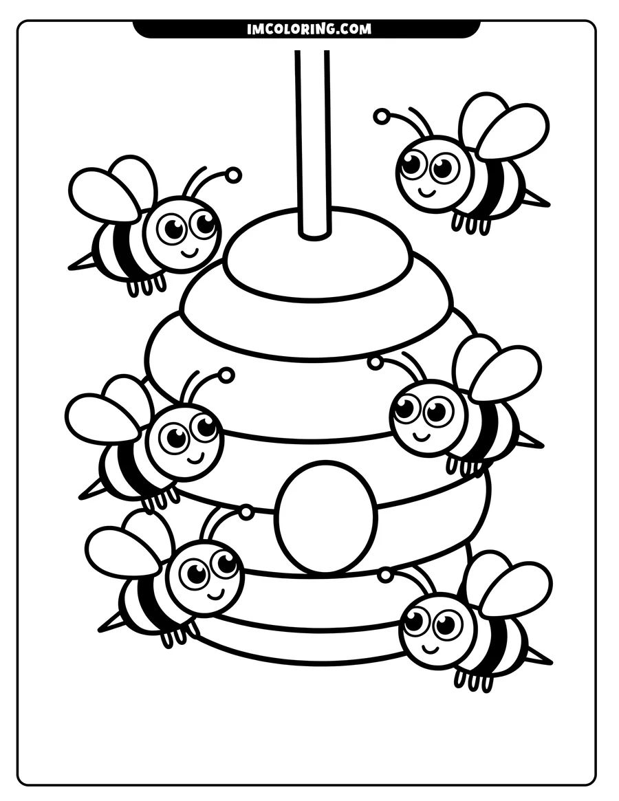 Outline of several bees buzzing around and on a beehive. The bees have large eyes and striped bodies, and the hive is a classic domed shape with a round entrance.
