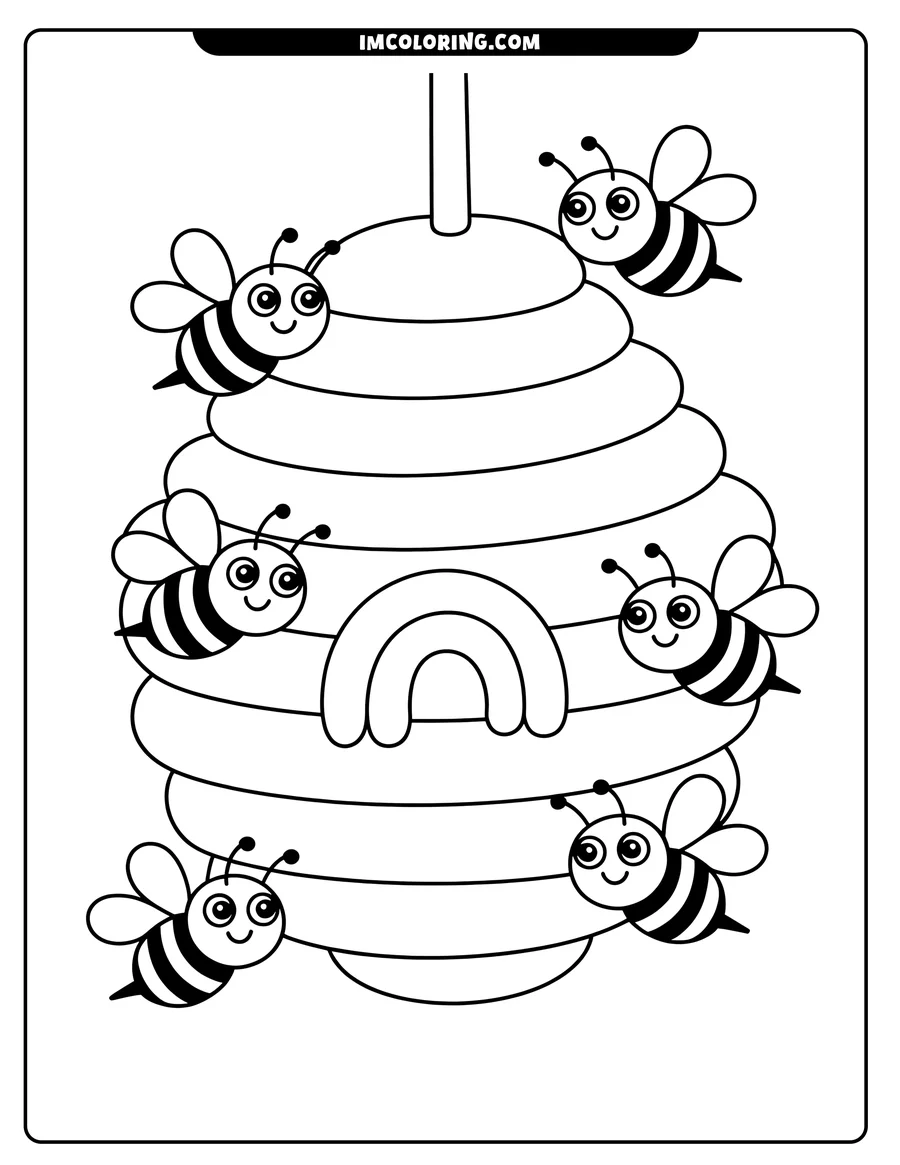 Five simple bees fly around a striped beehive with a rounded entrance.