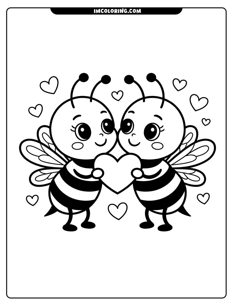 Two bees holding a heart, surrounded by smaller hearts.