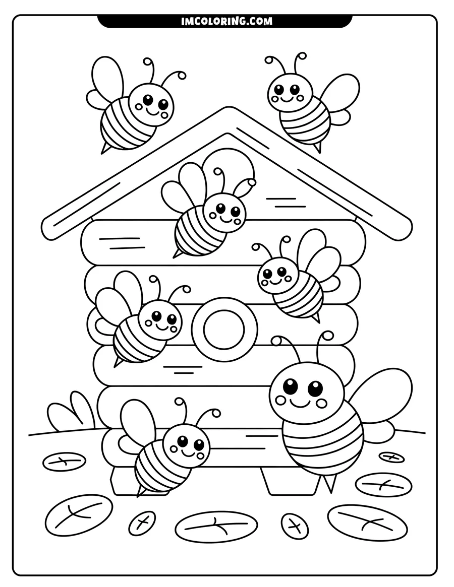 Outline of seven happy bees near their beehive, with simple leaves and grass at the base.