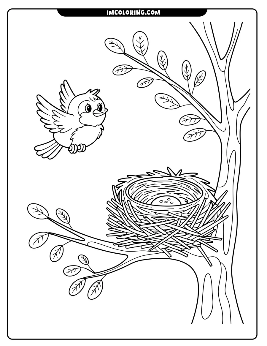 A cartoon bird flies near its nest with an egg in a tree.