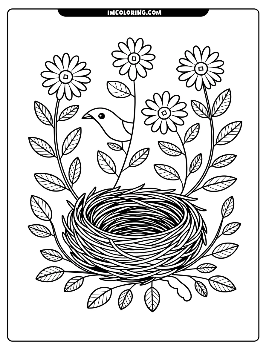 Line art of a bird perched next to its nest, with three stylized flowers and leaves surrounding them.