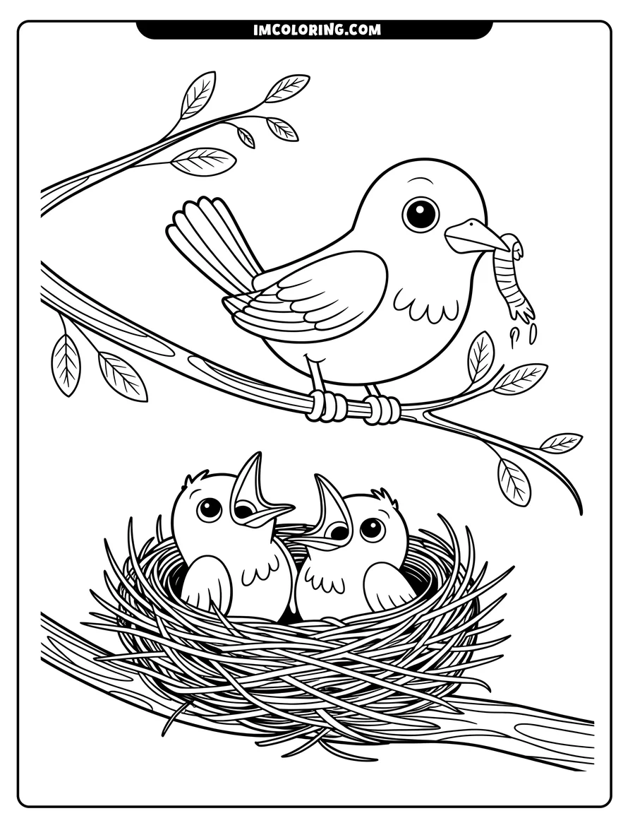 Mother bird on a branch with a worm, about to feed two baby birds in a nest.