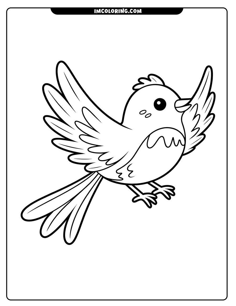 Outline of a cartoon bird in mid-flight with wings outstretched.