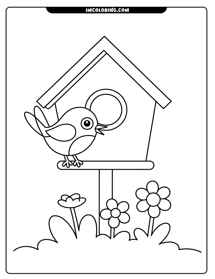 Outline of a bird perched on a birdhouse, with flowers at the base