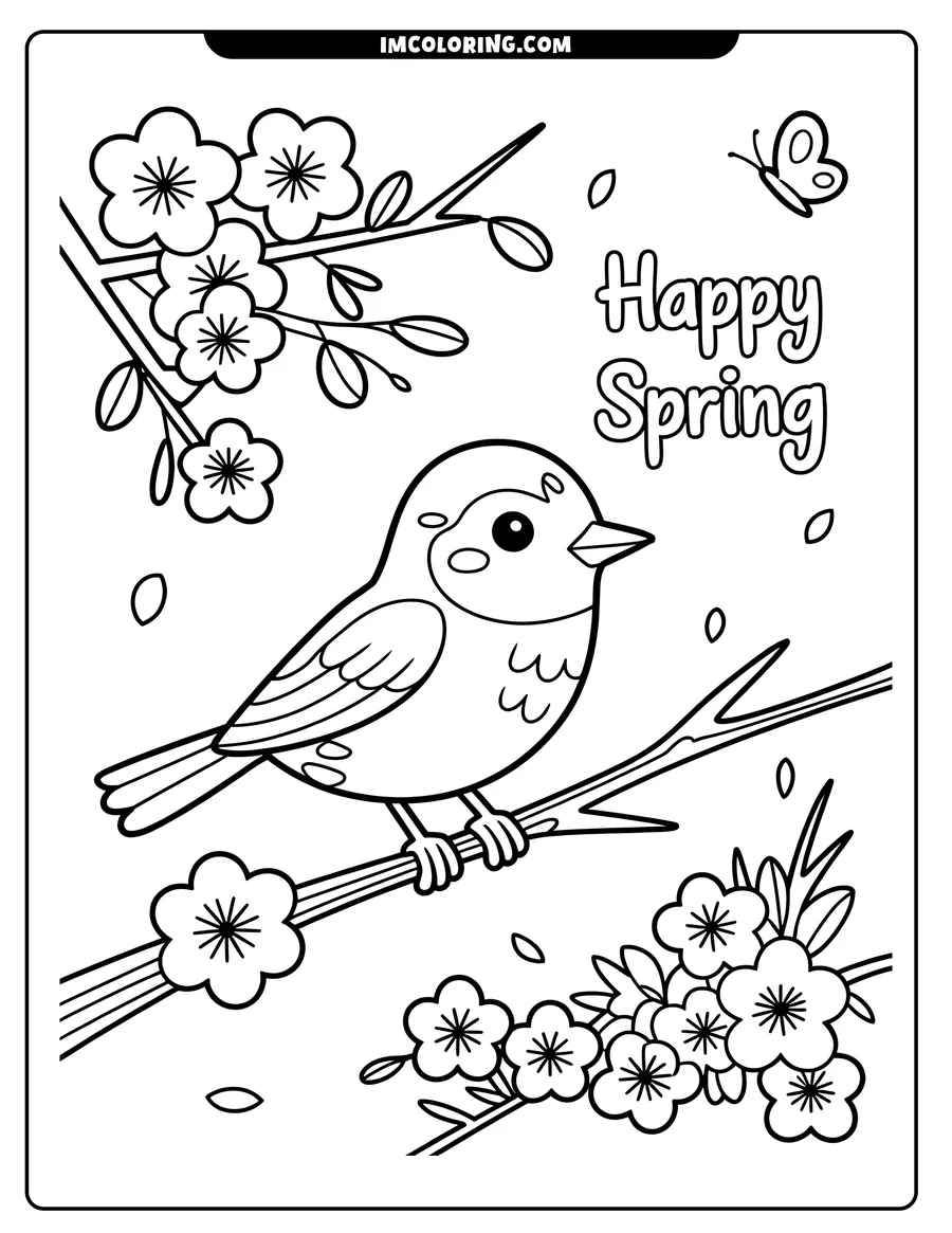 Outline of a small bird sitting on a branch with cherry blossoms, a butterfly, and more flowers below.
