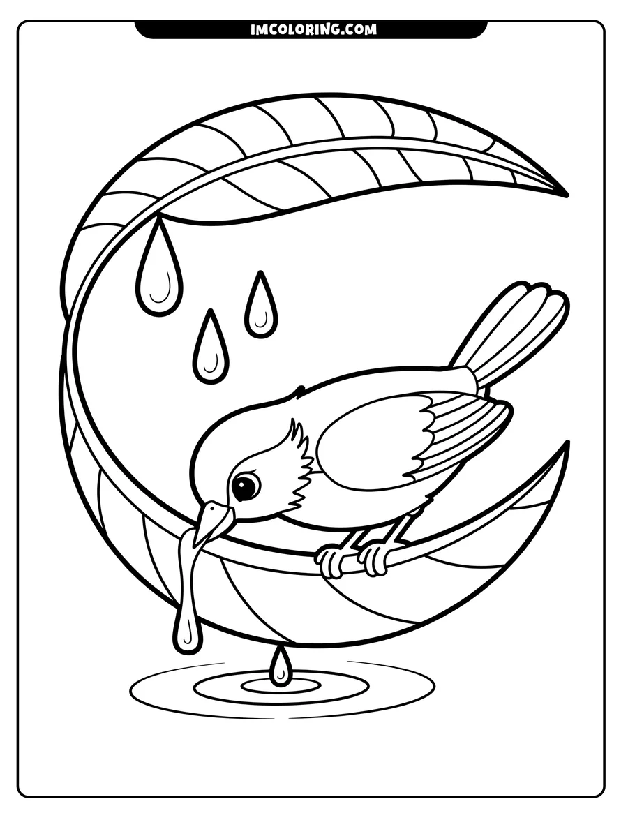 Outline of a bird sitting on a curved leaf, holding a worm, with water droplets falling into a puddle below.