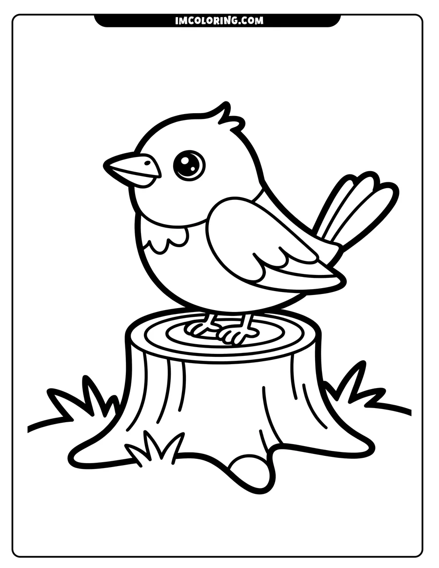 Outline of a small bird standing on a tree stump, surrounded by tufts of grass.