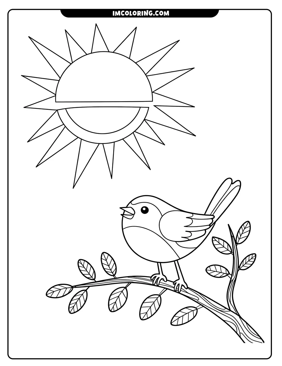 Outline of a bird perched on a branch with leaves, beneath a smiling sun