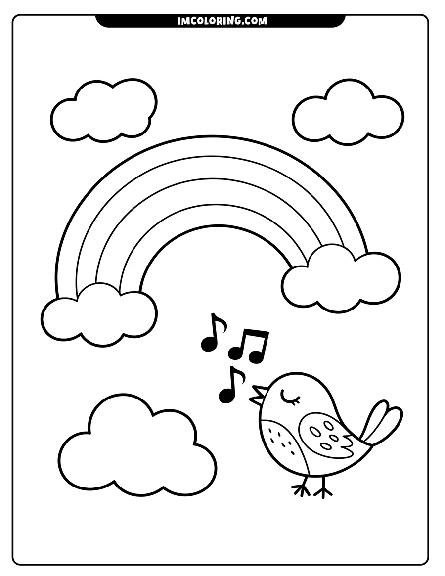 Outline of a bird singing near a rainbow with several clouds. Musical notes float around the bird.