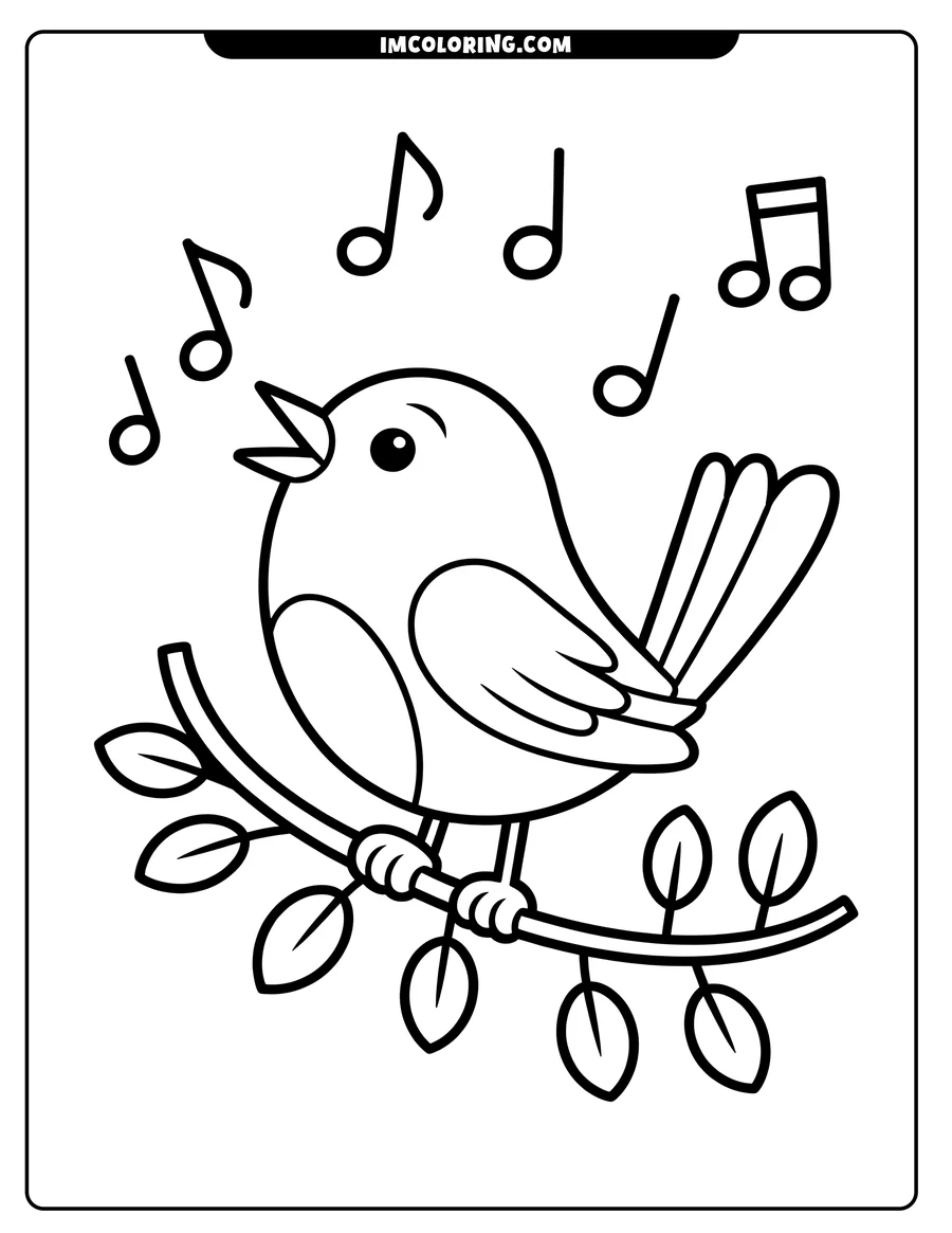 Outline of a cheerful bird singing on a leafy branch, with musical notes floating above its head.