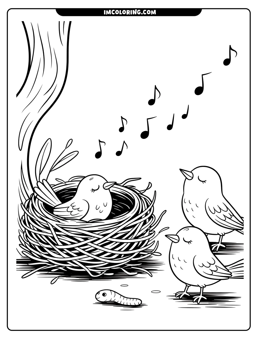Outline of three simple cartoon birds near their nest. One bird sits in the nest attached to a tree branch, while two other birds stand near a worm on the ground.