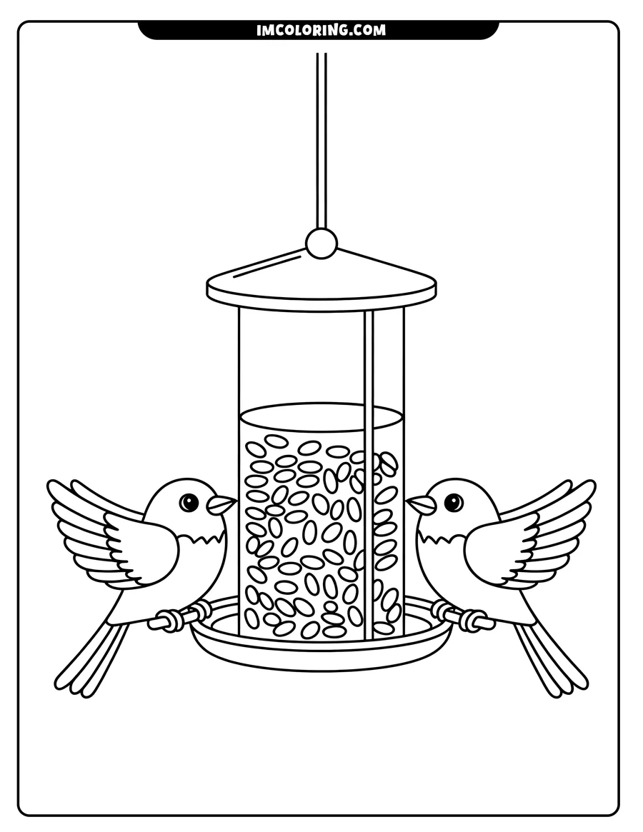 Two birds perched on a bird feeder filled with seeds.