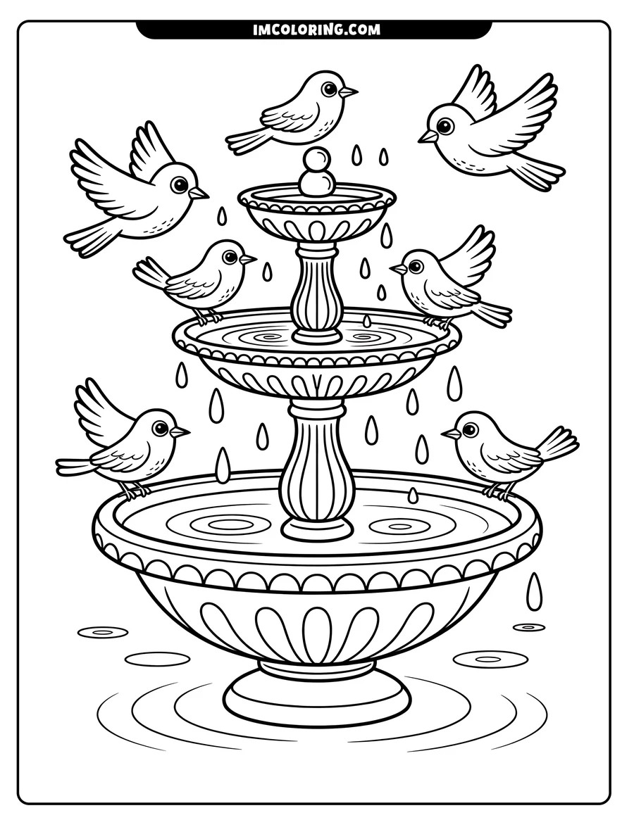 Outline of six birds interacting with a two-tiered fountain, some perching on the edges and others in flight.