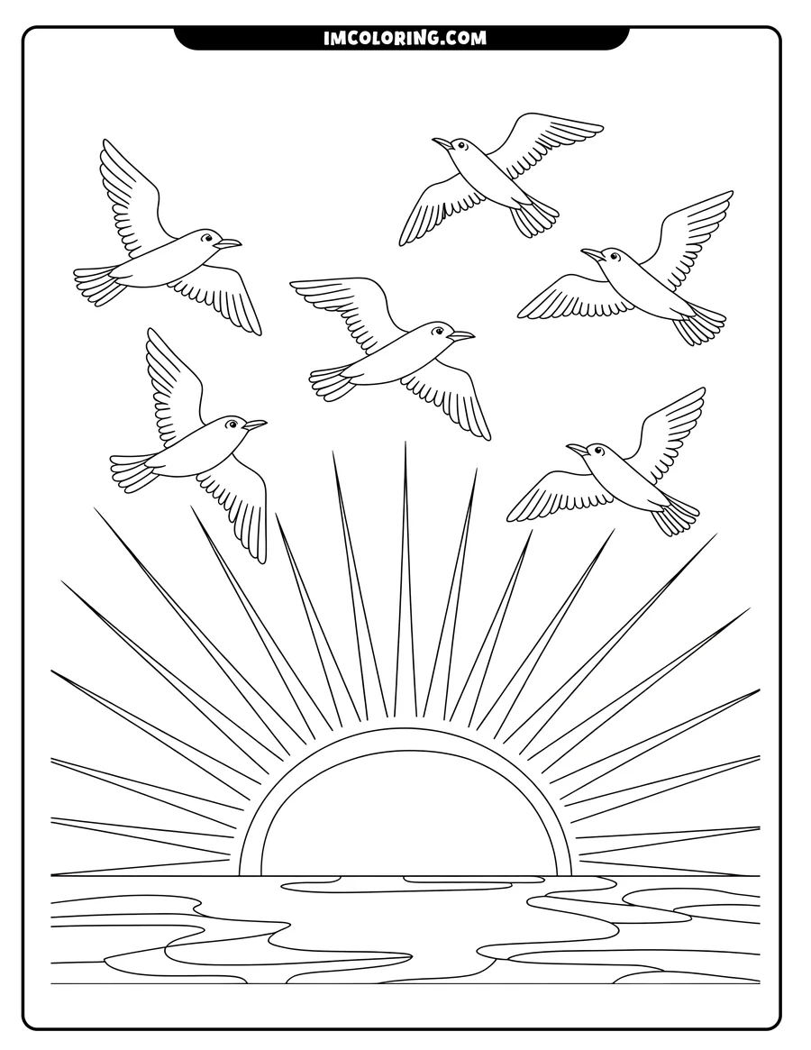 Outline of six birds in flight above a sunrise over the ocean.