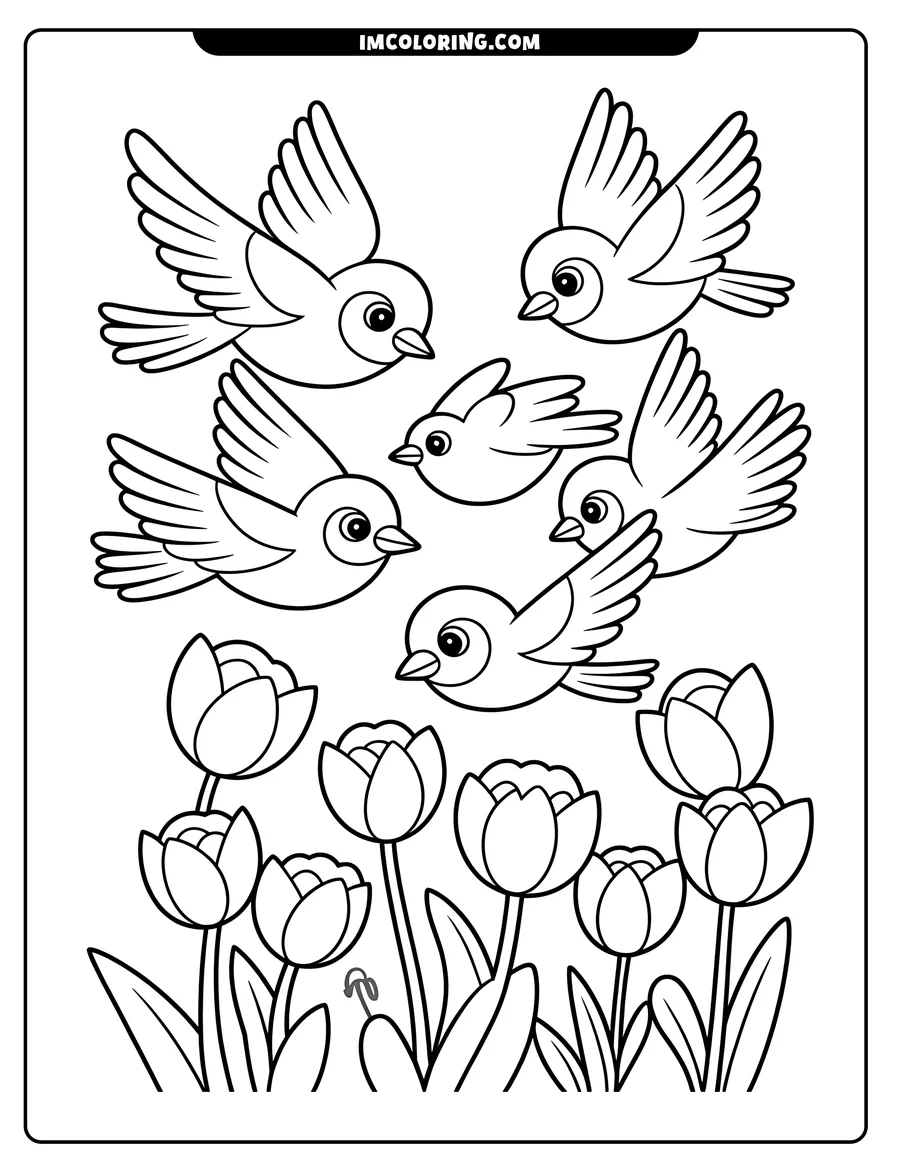 Five simple cartoon birds fly over a patch of closed tulips. The birds appear cheerful with large eyes, and the tulips have long stems and leaves.