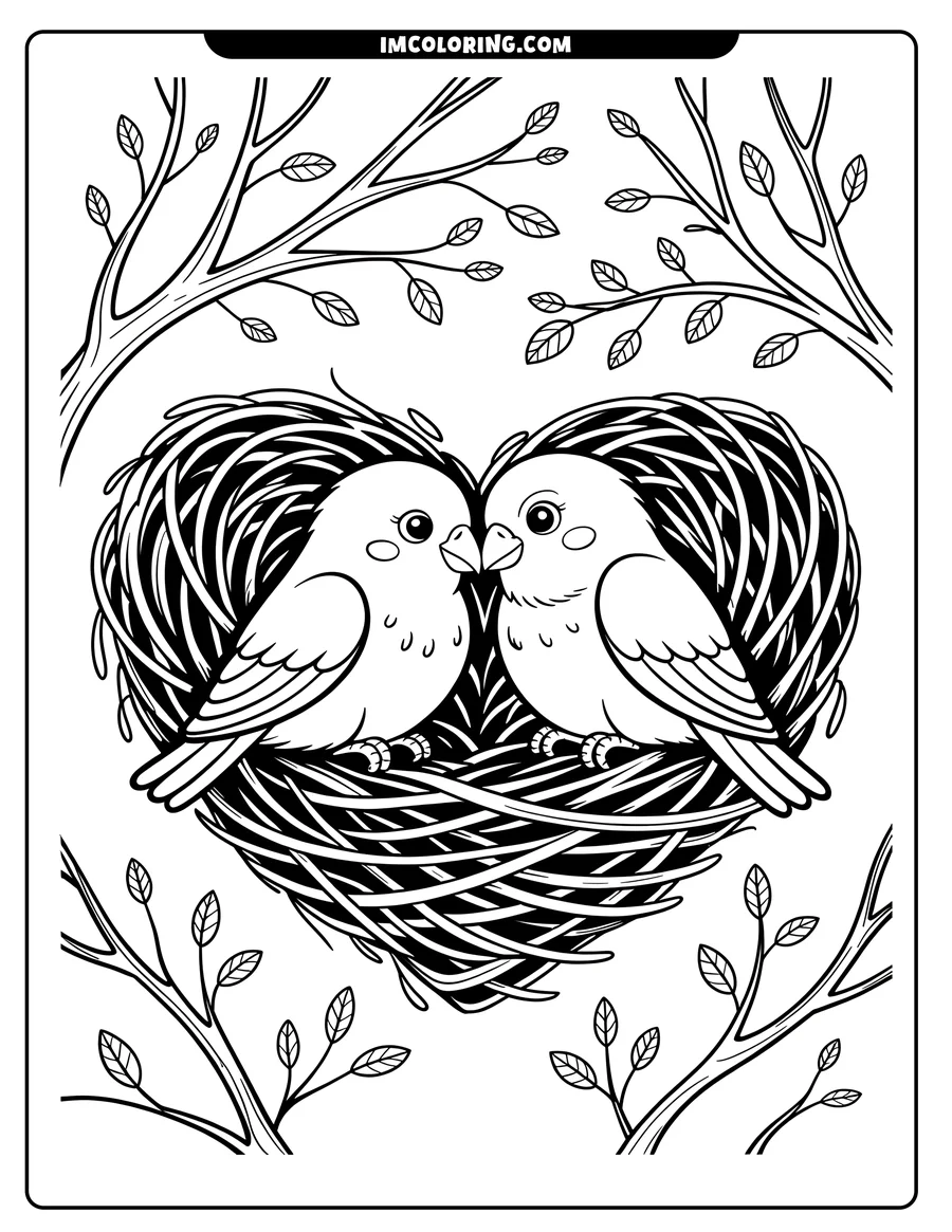 Two birds nestled together in a heart-shaped nest amongst leafy branches.