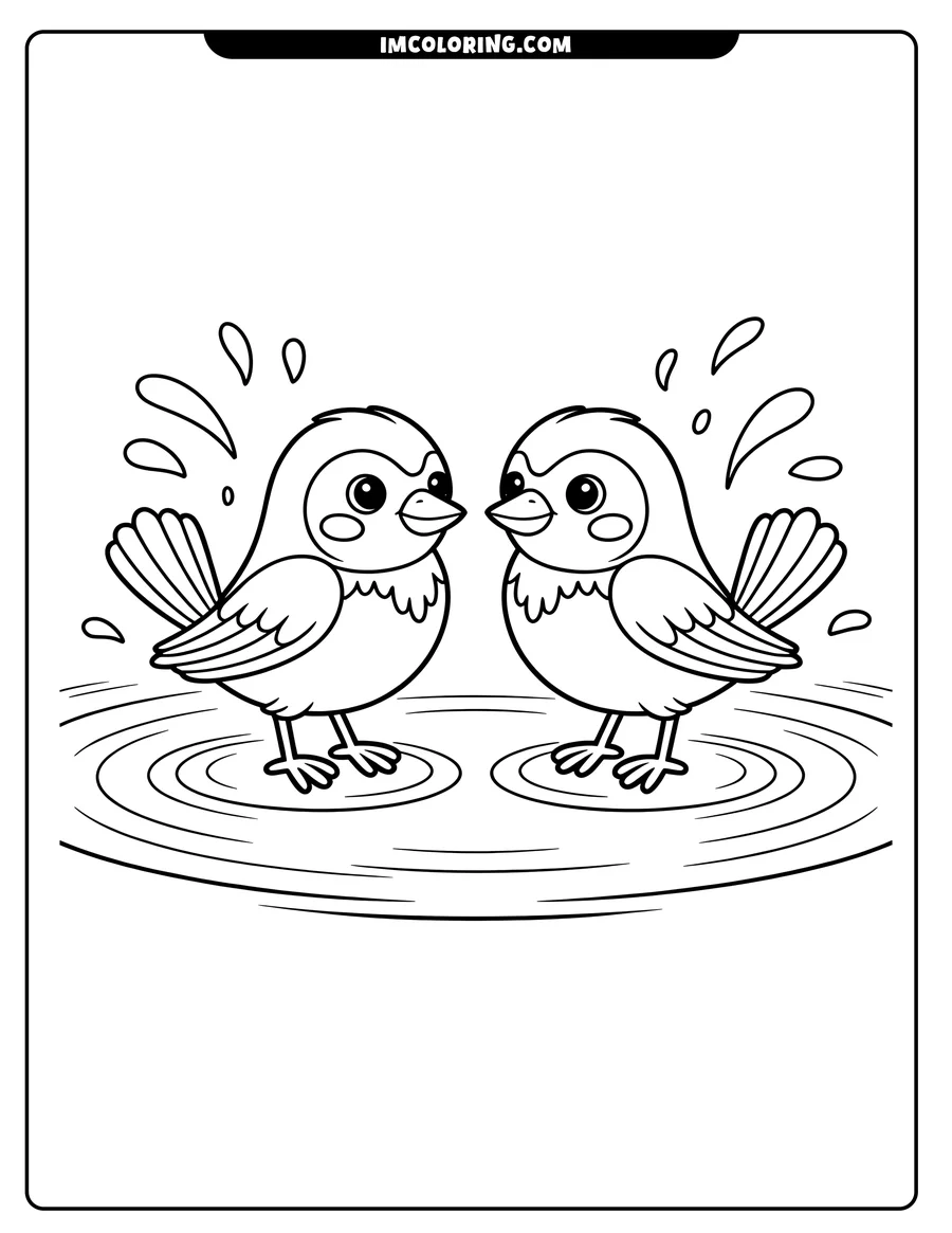 Two simple cartoon birds standing in a puddle, with small water splashes around them.