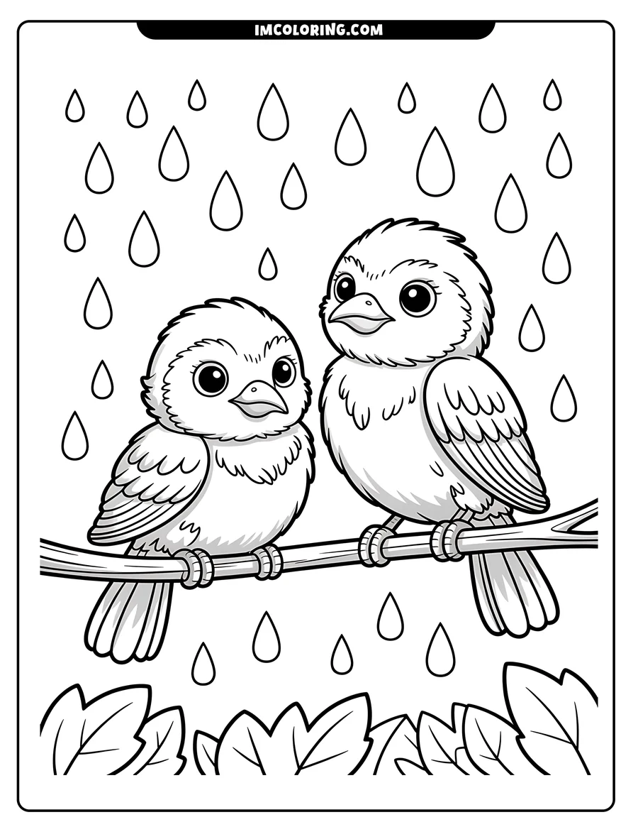 Two baby birds perched on a branch with raindrops falling around them and leaves below.